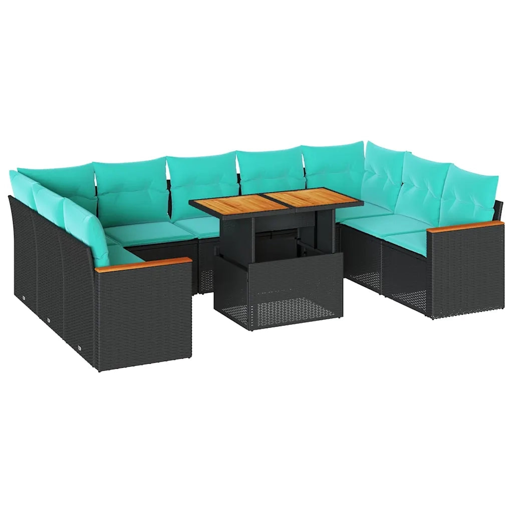 Set Divani da Giardino 10pz con Cuscini in Polyrattan Nero
