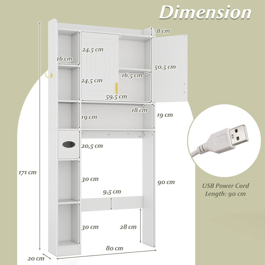 Mobile su WC con striscia luminosa, armadio da bagno con porte, ripiani aperti, supporto per carta igienica e gancio laterale, 80 x 20 x 171 cm, scaffale di stoccaggio (Bianco)