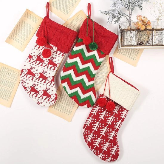 Decorazione di Natale a tre pezzi, sacchetto di regalo renna rosso-bianco, sacchetto di regalo per bambini, calzettoni di Natale a maglia