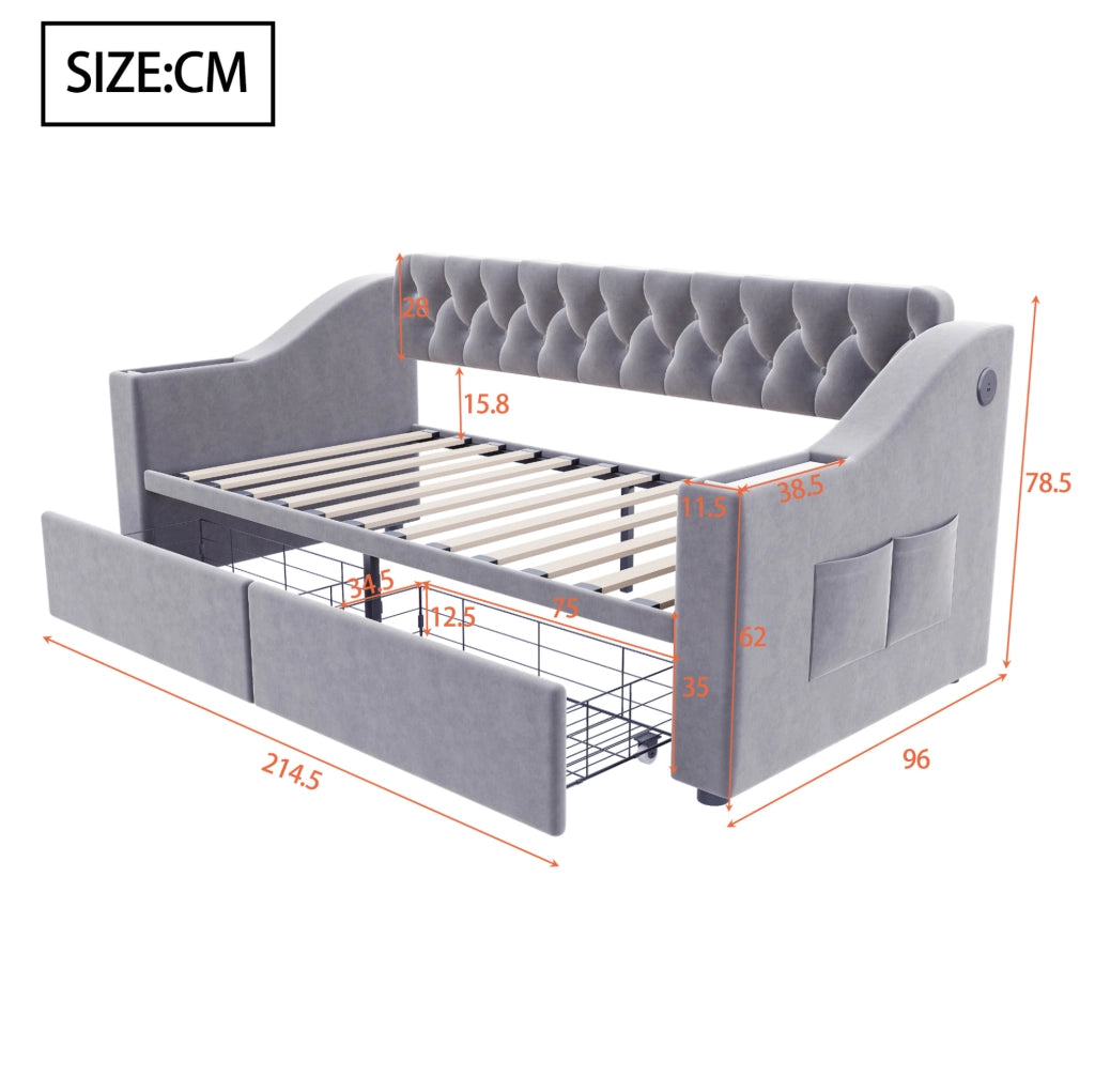 Divano letto imbottito 90 x 190 cm in velluto grigio chiaro con cassetti e ricarica USB