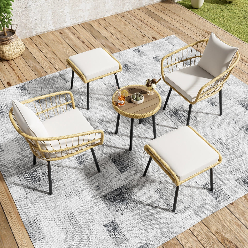 Set da terrazza con tavolo e sedie 2 sedie 2 sgabelli in rattan e tessuto bianco e naturale per esterni