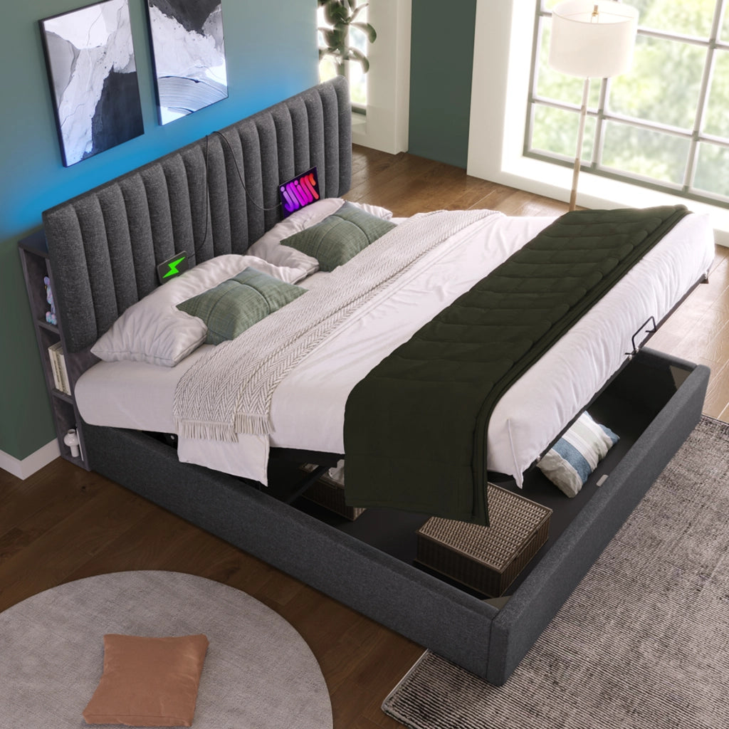 Letti contenitori 160x200 cm con contenitore e LED; lino; grigio (Senza materasso)
