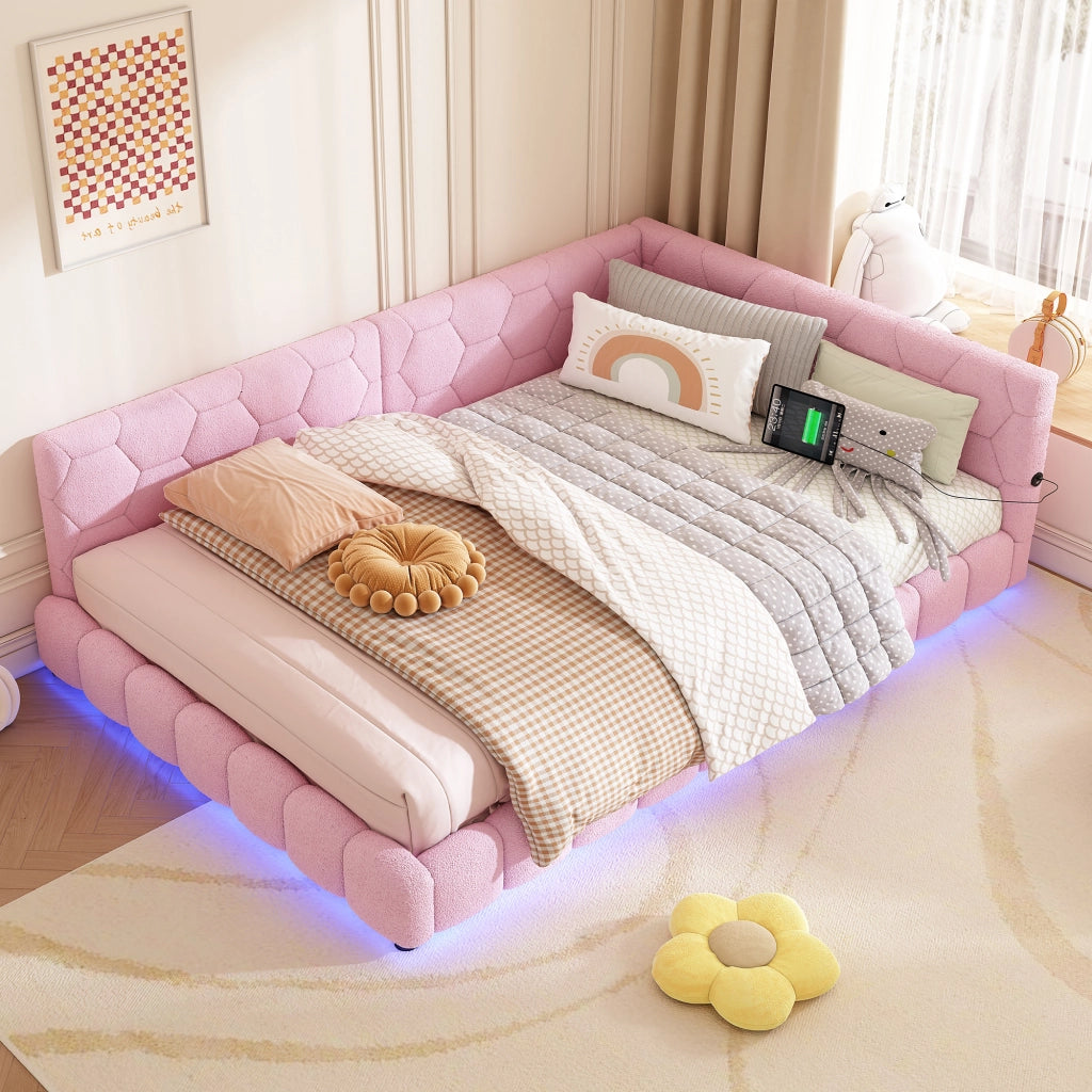 DESMIU Divano letto 140 × 200 cm 2 posti con luce LED, USB e Type-C, senza materasso, in velluto, rosa