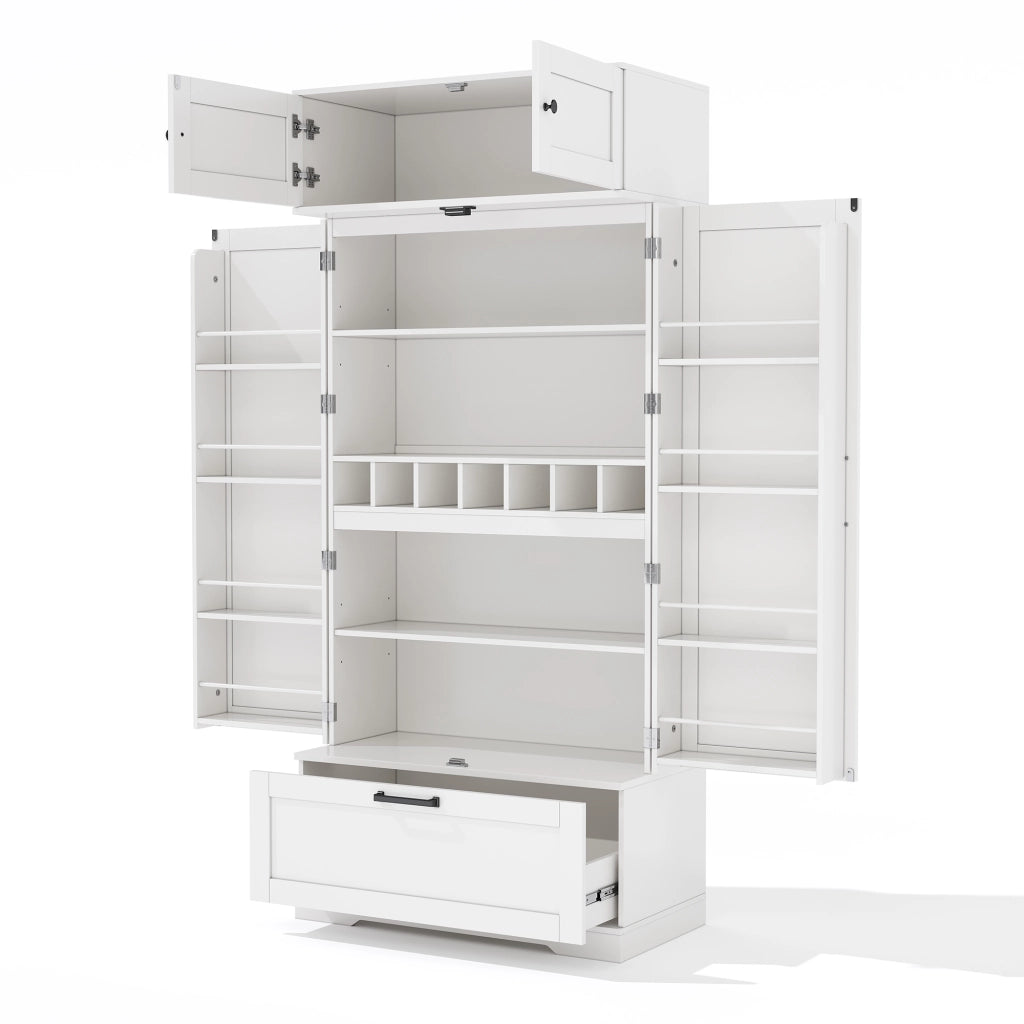 Credenza cucina freestanding 80x40x180 cm con cassetto, ripiani regolabili e portabottiglie, bianca