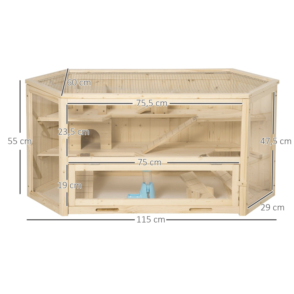 Scaffale a tre livelli con tetto apribile per piccoli animali in legno facile da pulire marrone naturale 115 × 60 × 55 cm