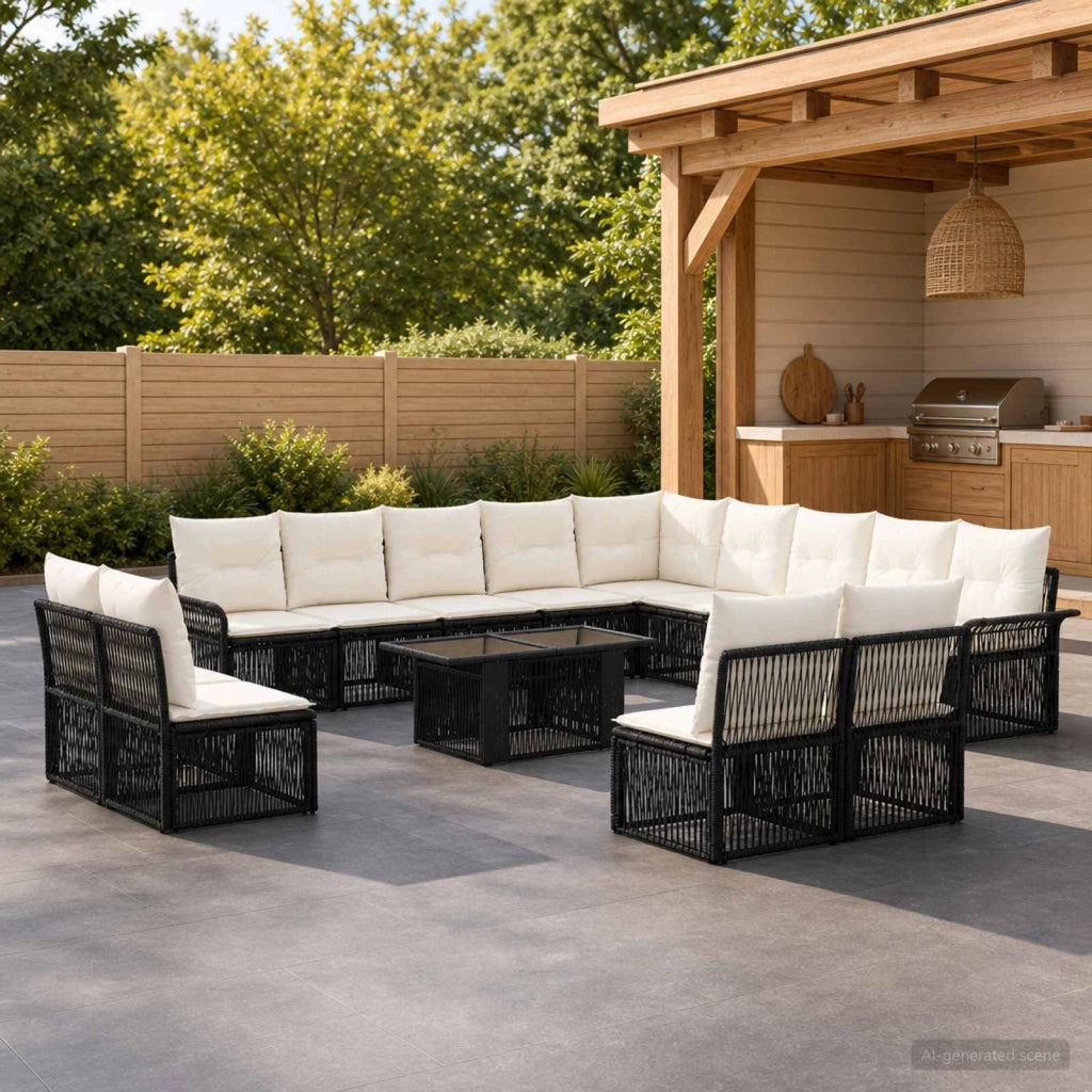 Set Divano da Giardino 14 pz Nero e Bianco Crema polyrattan 3436714