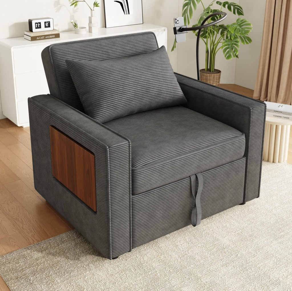 Divano letto monoposto reclinabile 177x70 cm in tessuto a coste grigio