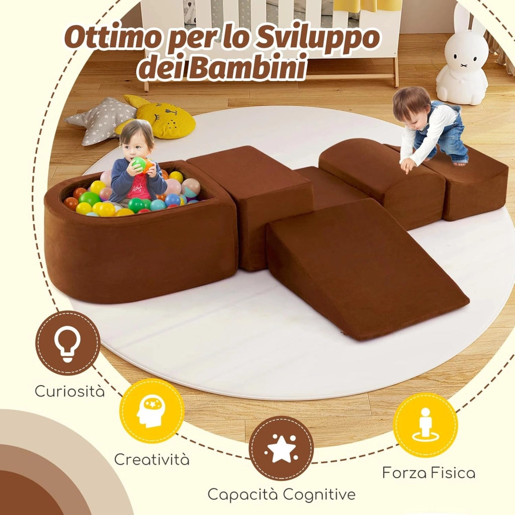 Set di 5 Pezzi Gioco in Schiuma, Blocchi con Piscina di Palline per Bambini, Coperture Lavabili con Cerniere, Blocchi Creativi per Stanza di Giocattoli, Camera da Letto (Marrone)