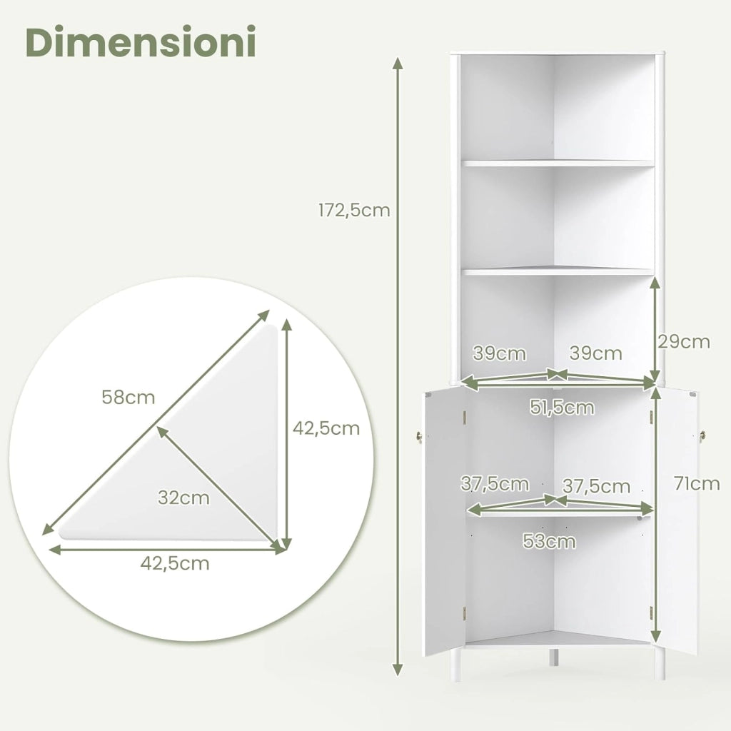 Mobile da Bagno Alto, Mobiletto d’Angolo a 5 Livelli con 2 Ante, 3 Scomparti Aperti e Ripiano Regolabile, per Soggiorno, Cucina e Lavanderia, 32 x 58 x 172,5 cm (Bianco)