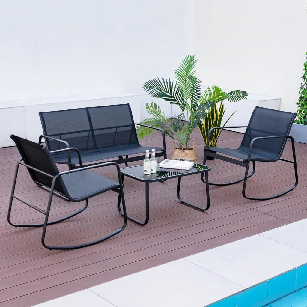 Set da Giardino 4 Pezzi in Tessuto Textilene, Set da Bistrò da Patio, Set tavolo e sedie con Tavolino in Vetro, 2 Sedie e Divanetto a Dondolo, per Giardino Coltile (Nero)