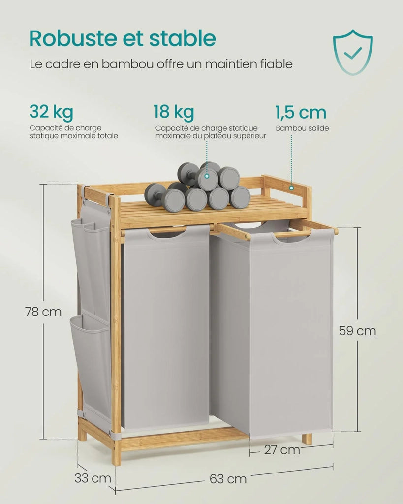 Cesto portabiancheria con 3 scomparti cesto portabiancheria sporca in bambù capacità 150 litri con ripiano tasche laterali 3 x 50L 94 x 33 x 78 cm grigio 12_0006670