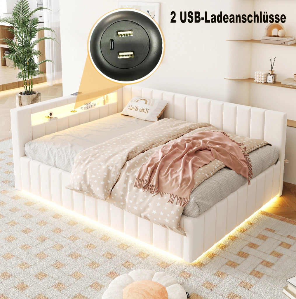 Letto matrimoniale imbottito 140x200 cm con vano, LED e USB