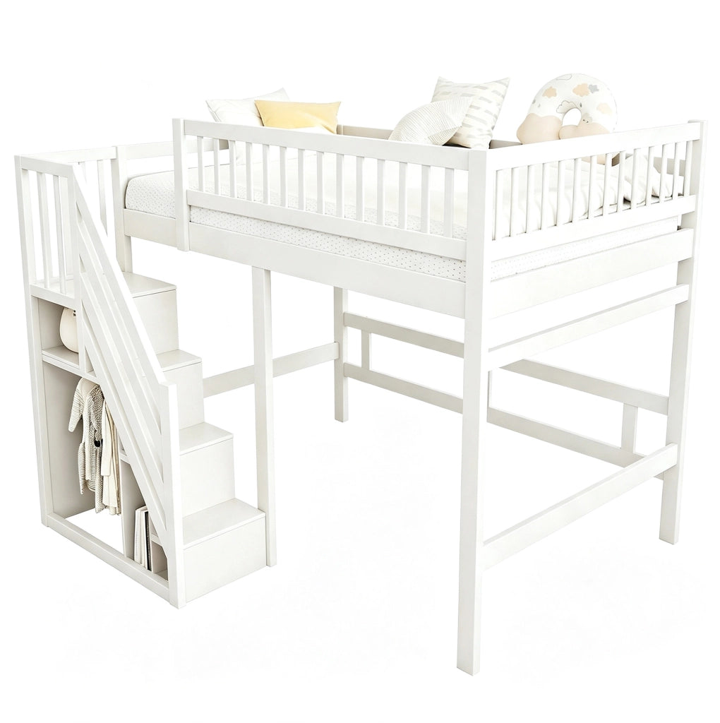 Letto per ragazzi 140x200 cm con scala contenitore bianco