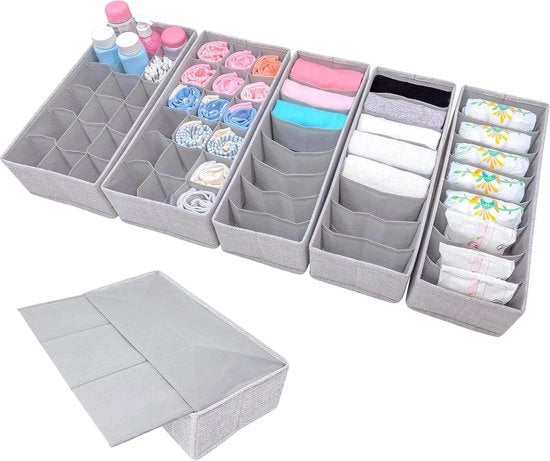 Organizzatore per comodino - base robusta - sistema di stoccaggio per cassetti - contenitore per calze e intimo - set di 5 boxe in tessuto