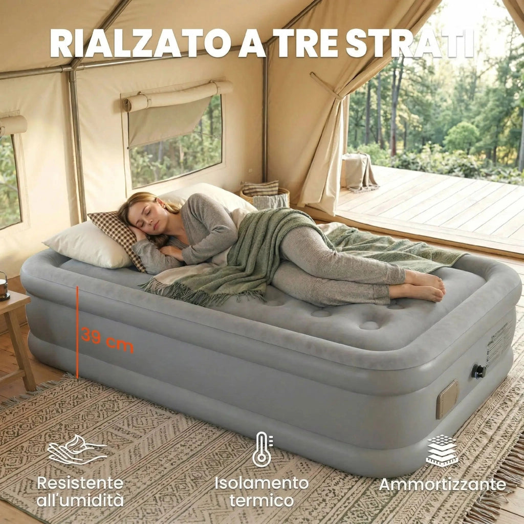 Materasso Autogonfiante Singolo 190x97x39 cm Superficie Floccata con Pompa di Gonfiaggio e Borsa di Trasporto Grigio