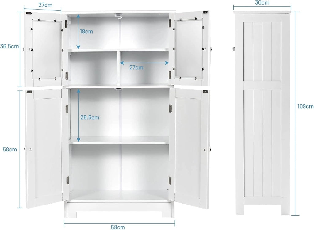 Armadietto del Bagno con 4 Ante, Armadietto con Ante di Vetro, Credenza di Legno con Mensole Regolabili, Organizer Multiuso per Casa Corridoio Salone Ufficio (Bianco)