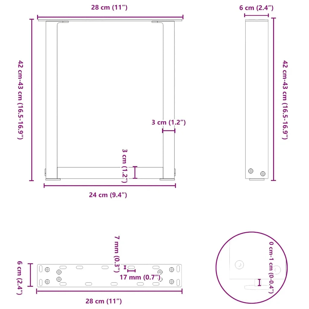 Set di 2 gambe per tavolino a forma di U 28 x 43 cm con piedini regolabili design moderno in acciaio antracite 02_0057390