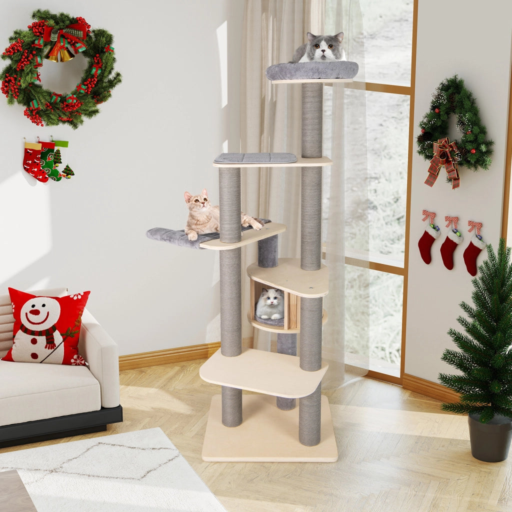 Tiragraffi alto 197 cm torre gatti pi¨´ livelli trespolo imbottito superiore, Condominio privato materassini staccabili pali graffiare amaca confortevole