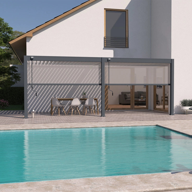 Pergola bioclimatica Ombréa addossata VS - 3x6M bicolore + 2 tende antracite