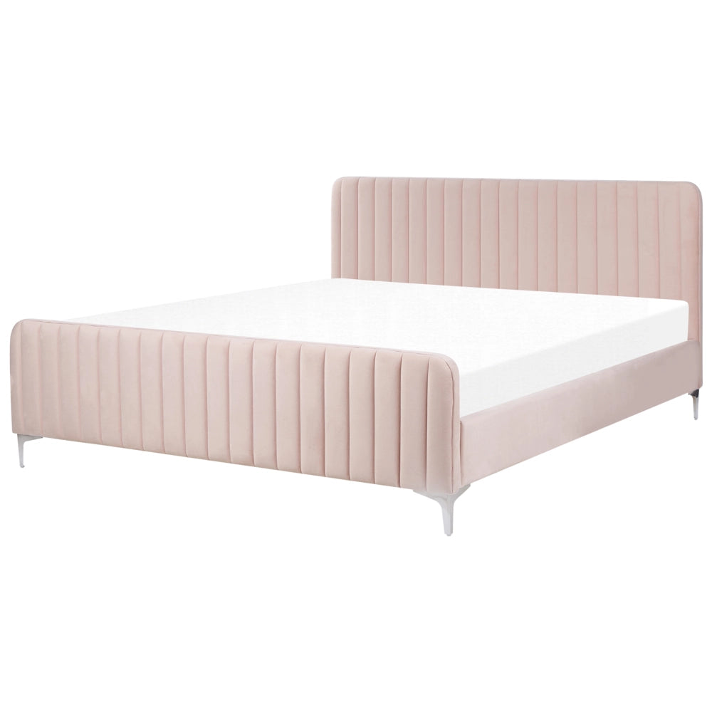 Letto in velluto rosa pastello 180 x 200 cm trapuntato testiera gambe in metallo design moderno