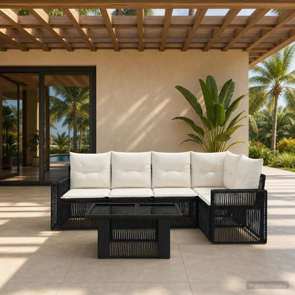Set Divano da Giardino 6 pz Nero e Bianco Crema polyrattan 3436789