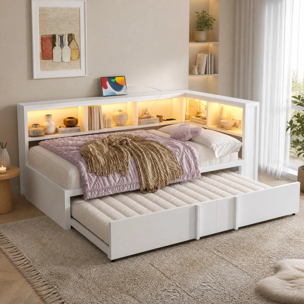 LETTO Divano 90x200 cm con letto estraibile, 5 armadietti, LED, USB, Bianco