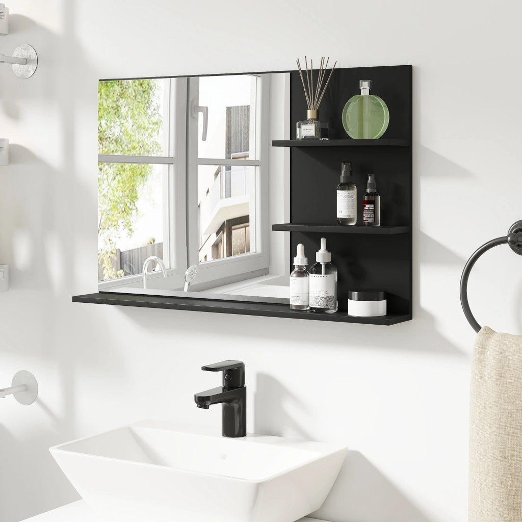 Specchio Bagno Moderno con 2 Ripiani Laterali e Ripiano Inferiore, in Legno e Vetro, 75x10x48 cm, Nero