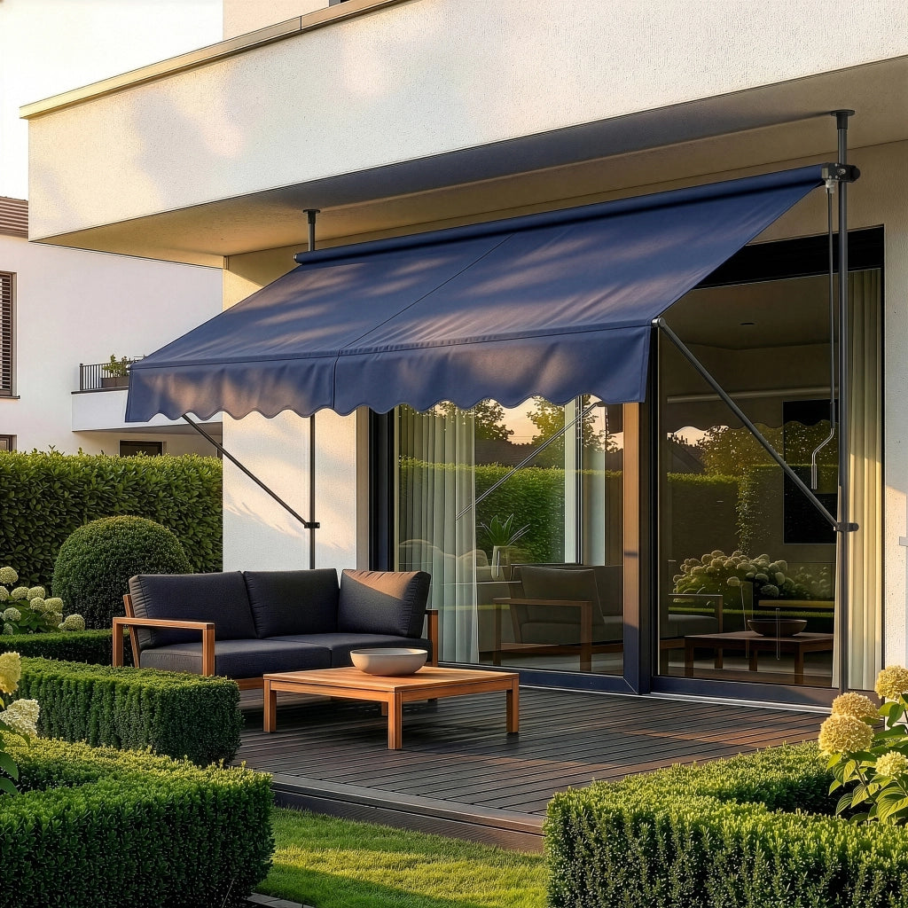 Tenda da Sole a Muro con Pali di Supporto Telescopici Parasole 400 x 120 cm (LxP) Blu Scuro pro.tec