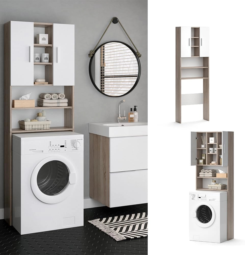 Mobile per lavatrice Luis, Sonoma, 64 x 190 cm, per la conservazione di detersivi e accessori da bagno