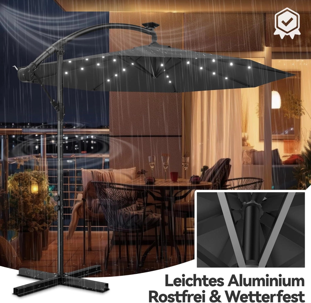 Ombrellone a LED solare, 300 cm, con manovella, in alluminio, ombrellone da giardino, balcone, con supporto, protezione dai raggi UV, terrazza, giardino, spiaggia, grigio scuro