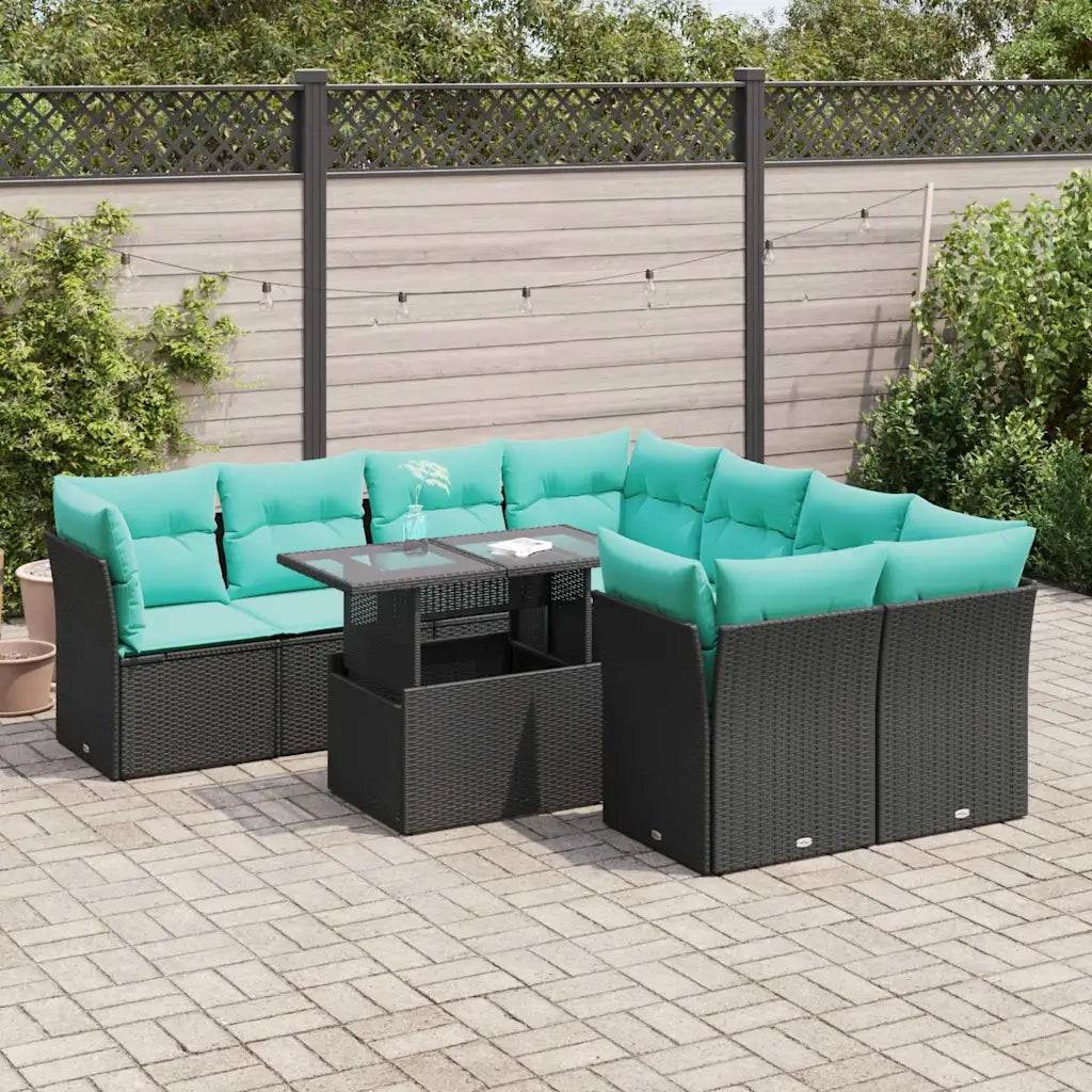 Set Divani da Giardino 9 pz con Cuscini Nero Polyrattan Acacia