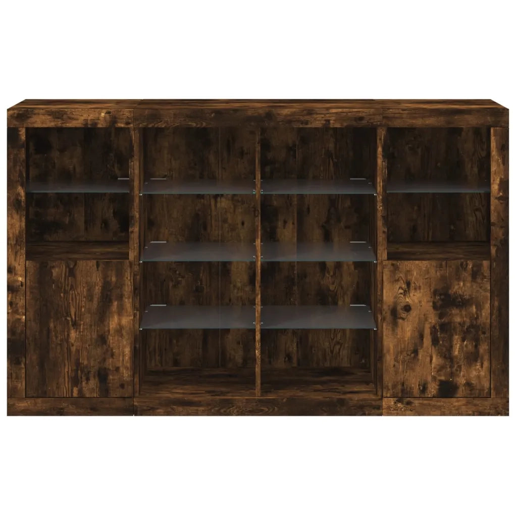 Credenze con Luci LED 3 pz Rovere Fumo in Legno Multistrato