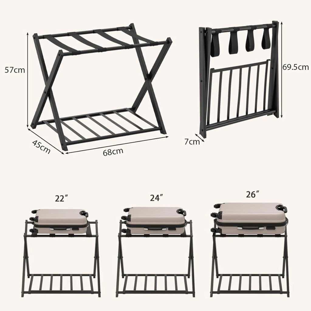2 Pz di Portavaligia Pieghevole, Portata 70 kg, a 2 Ripiani, con Scarpiera, Struttura in Ferro, Multiuso Salvaspazio, Ideale per Viaggio e Hotel, 63,5x44x67 cm, 2 Colori (Nero)