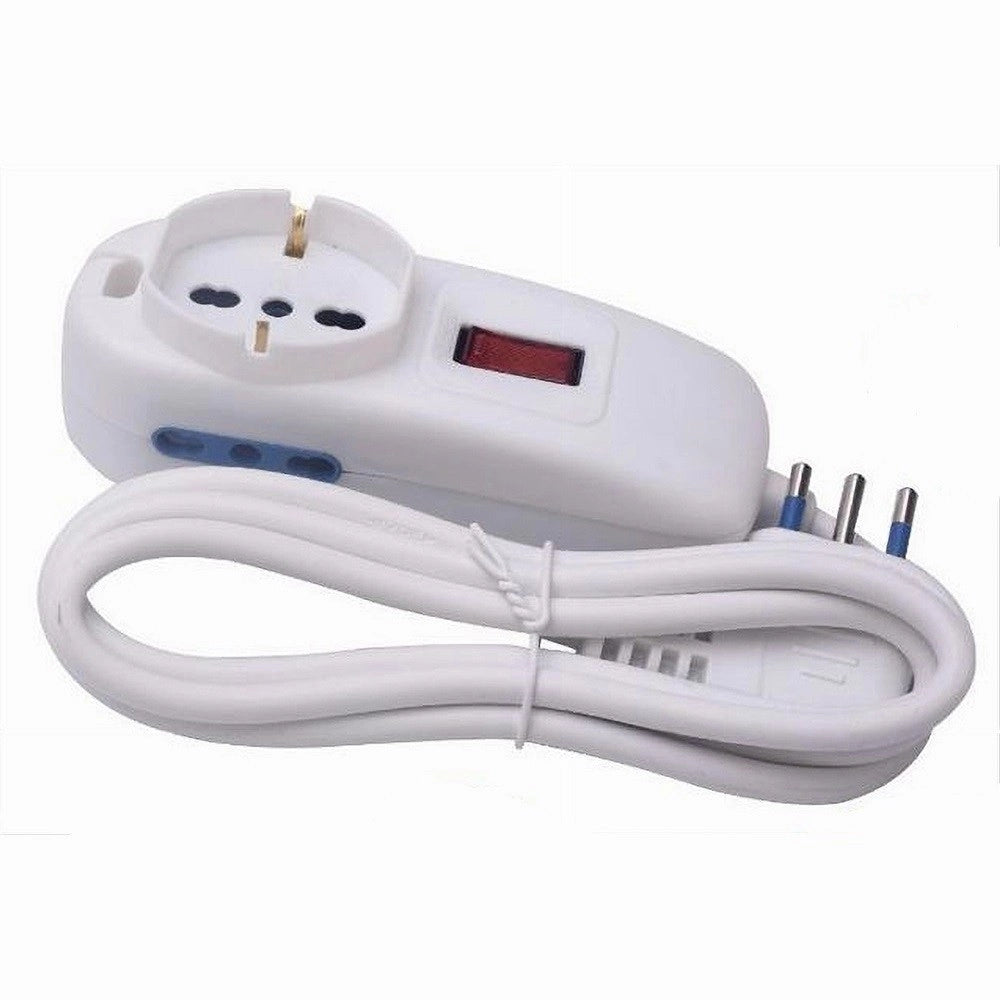 Trade Shop - Multipresa 1 Uscite Universali+2 Bipasso 10/16a Spina 10a Cavo 1.5mt Bianco 80187n -