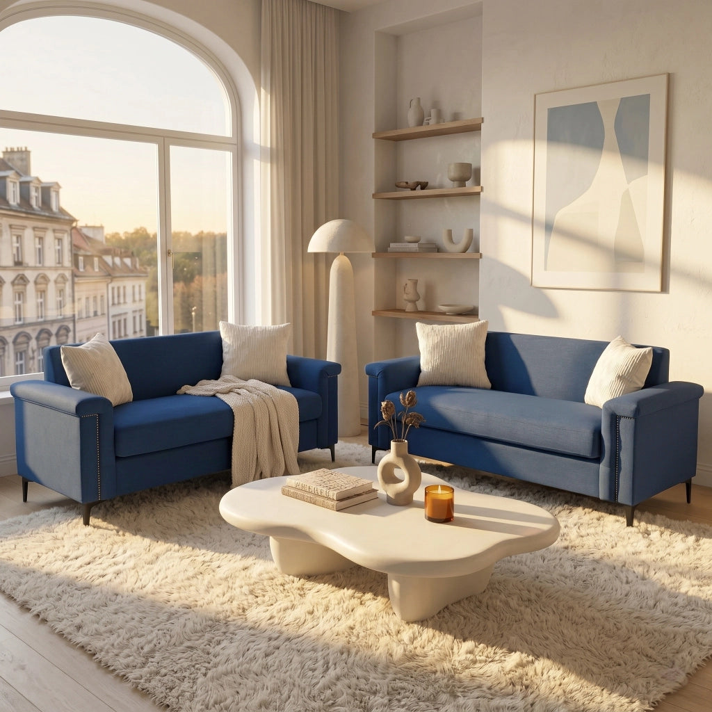 Divano Lineare 2 Posti Scandinavo con Seduta Imbottita e Gambe in Metallo in Poliestere Blu 172 cm