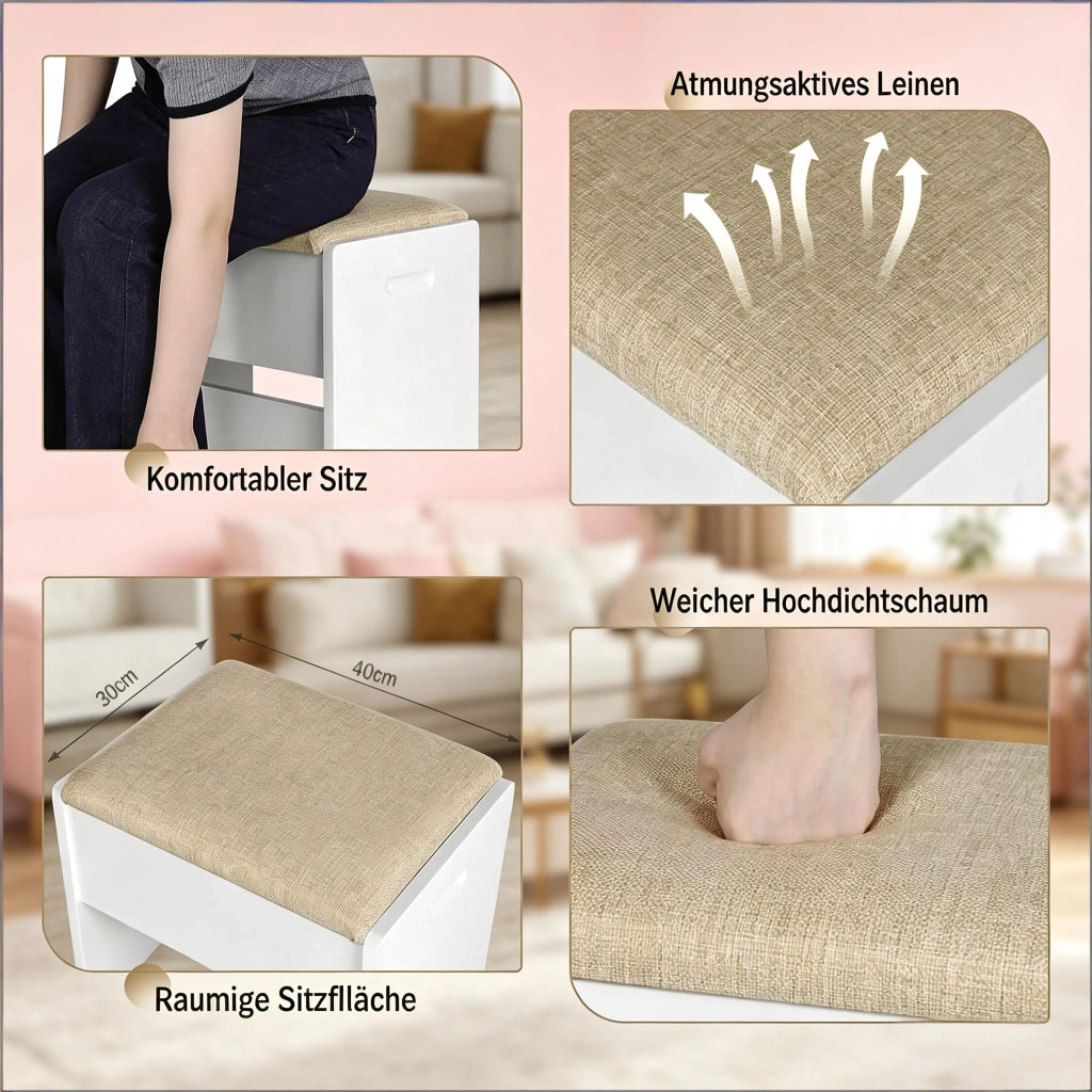 Tavolo da toeletta con mensola regolabile; prese elettriche; multifunzione contenitivo; fornito con sgabello