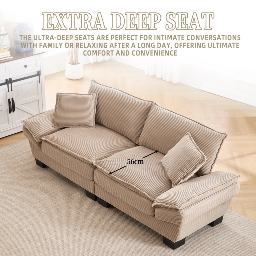 Divano 2 Posti con Seduta Extra Profonda, Braccioli Imbottiti e Cuscini, in Velluto a Coste, Cachi 224 × 81 × 81 cm