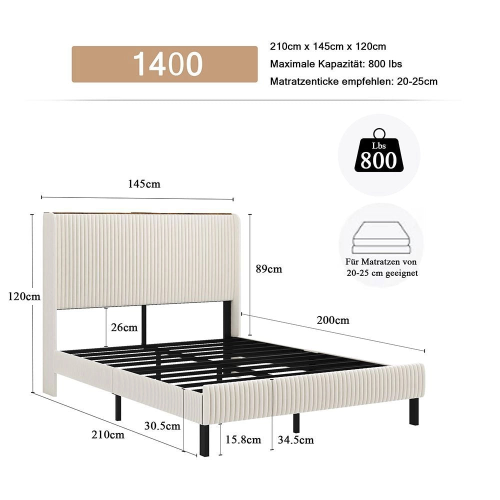 Letto Contenitore Imbottito 140x200cm - Xylo - Testiera Tessuto con Design Anti-Scorcio