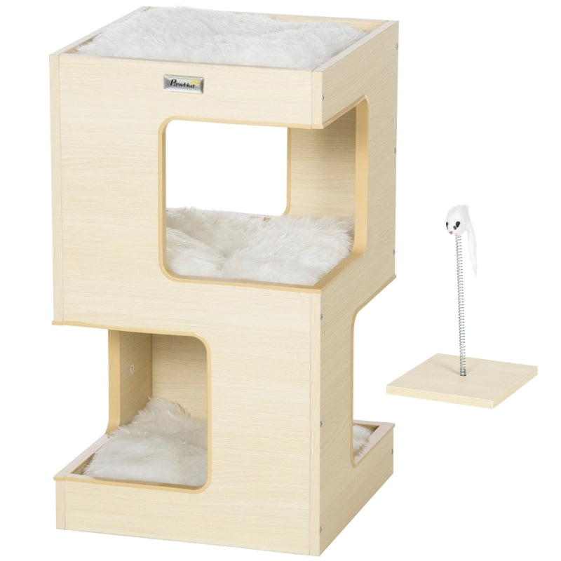 Torre per gatti a 3 livelli con cuscini e giocattolo a topo, 34 x 34 x 60 cm, colore quercia