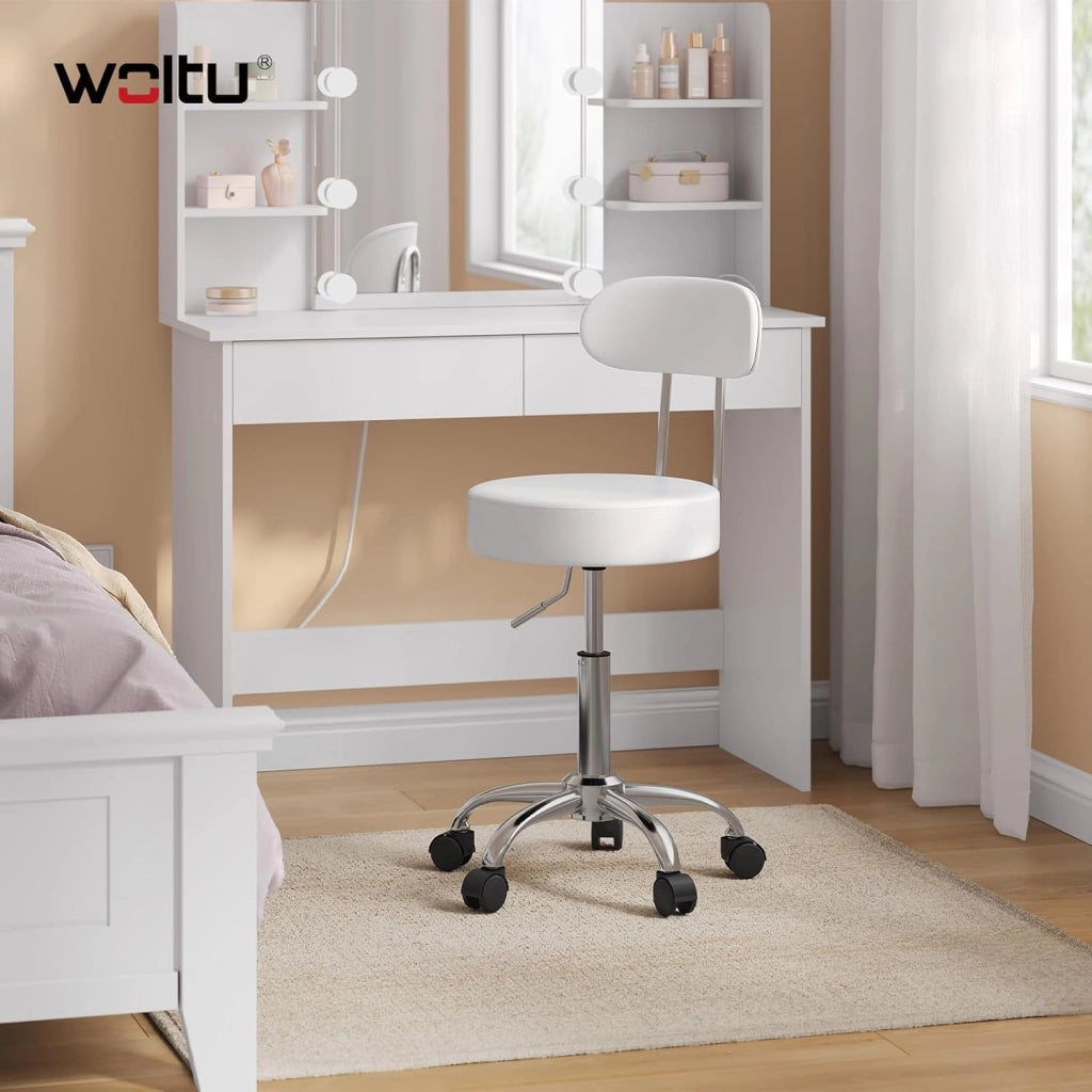Sedie Ufficio Sedia da Scrivania Sgabelli con Schienale PU Cromato Girevole Moderno, per Ufficio, Salone, Massaggio, Toeletta Trucco, Bianco