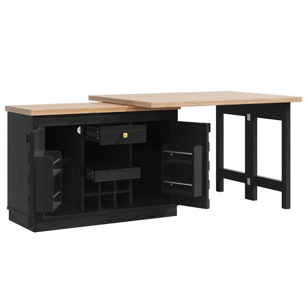 Credenza da cucina girevole a 360° con 2 piani; ante patchwork; 1 cassetto; portabottiglie estraibile; per cucina; MDF nero; 120 × 40 × 74.2 cm