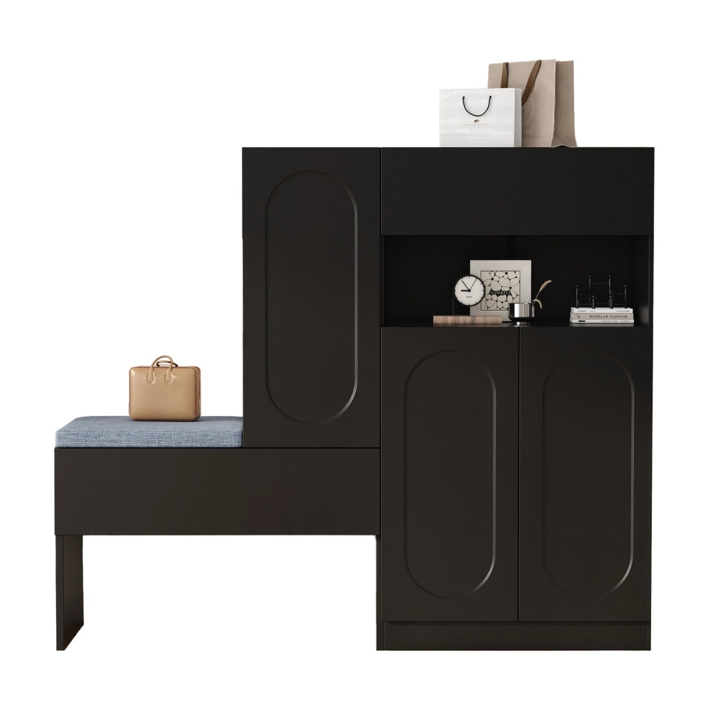 Scarpiera con 2 Ante a Ribalta e Panca Imbottita; Chiusura Ammortizzata; Ripiani Regolabili; in Truciolare; 130×35×110 cm; Nero