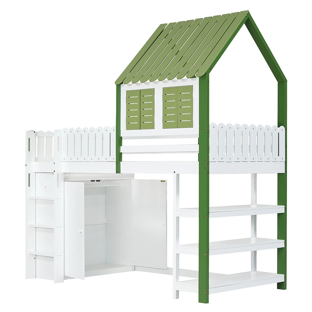 Letto a soppalco bambini - Xylo - 90x200 cm armadio pino verde