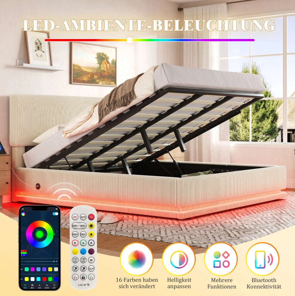 Letto matrimoniale imbottito 180x200 cm in tessuto corduroy beige; testiera regolabile con LED e USB-C