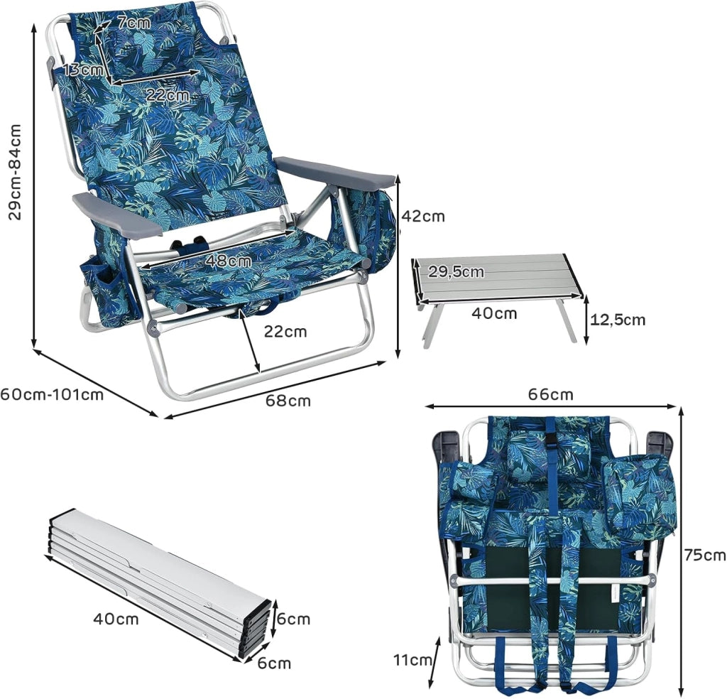 Set di 2 Lettini Prendisole Pieghevoli e Tavolino, Lettini da Spiaggia con Poggiatesta e Schienale Regolabile, Sedie Sdraio Portatile con Borse Laterali per Giardino, Piscina (Blu Marino)