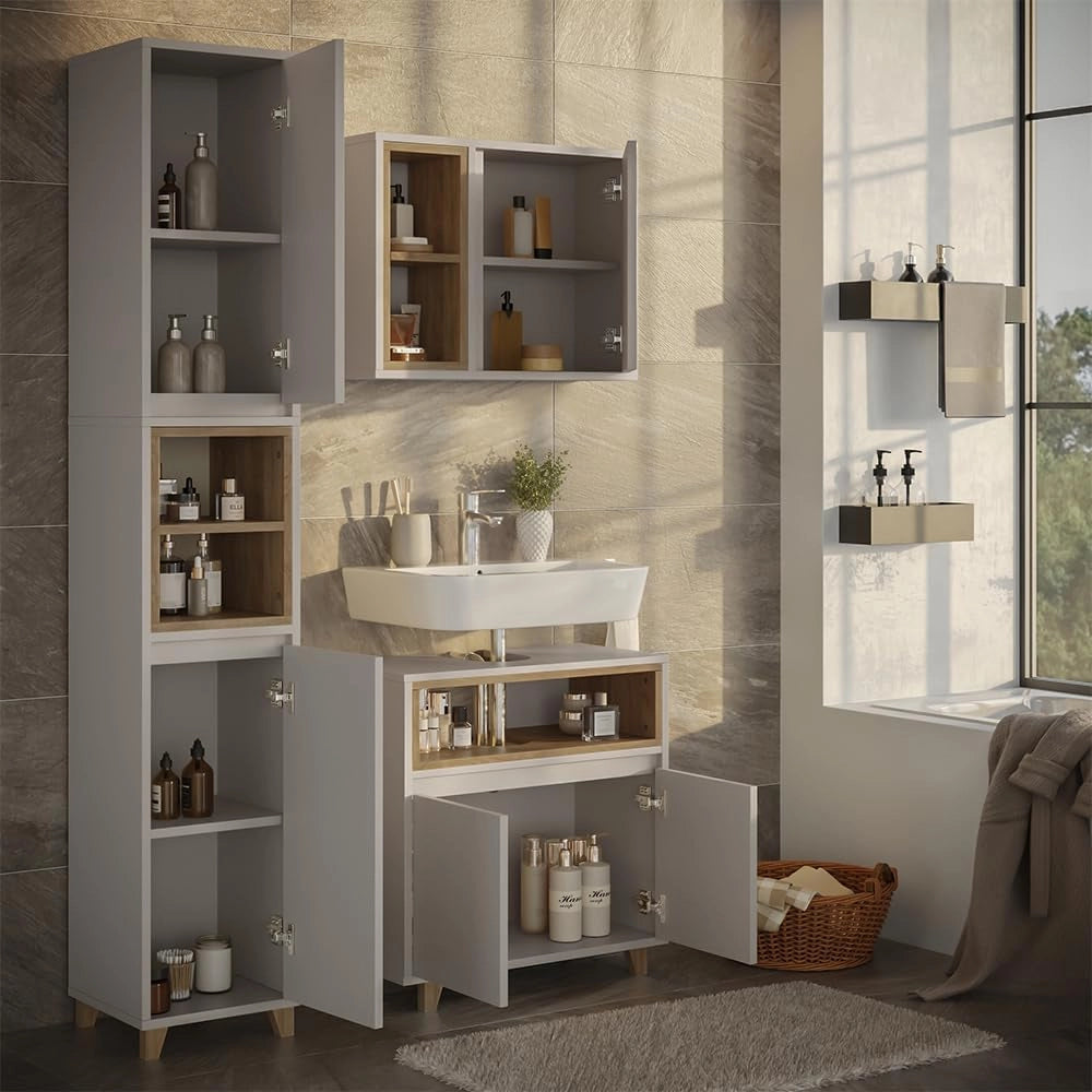 Set di mobili da bagno Elnor, Grigio, 60 cm, composto da mobile sottolavabo, specchiera e colonna alta