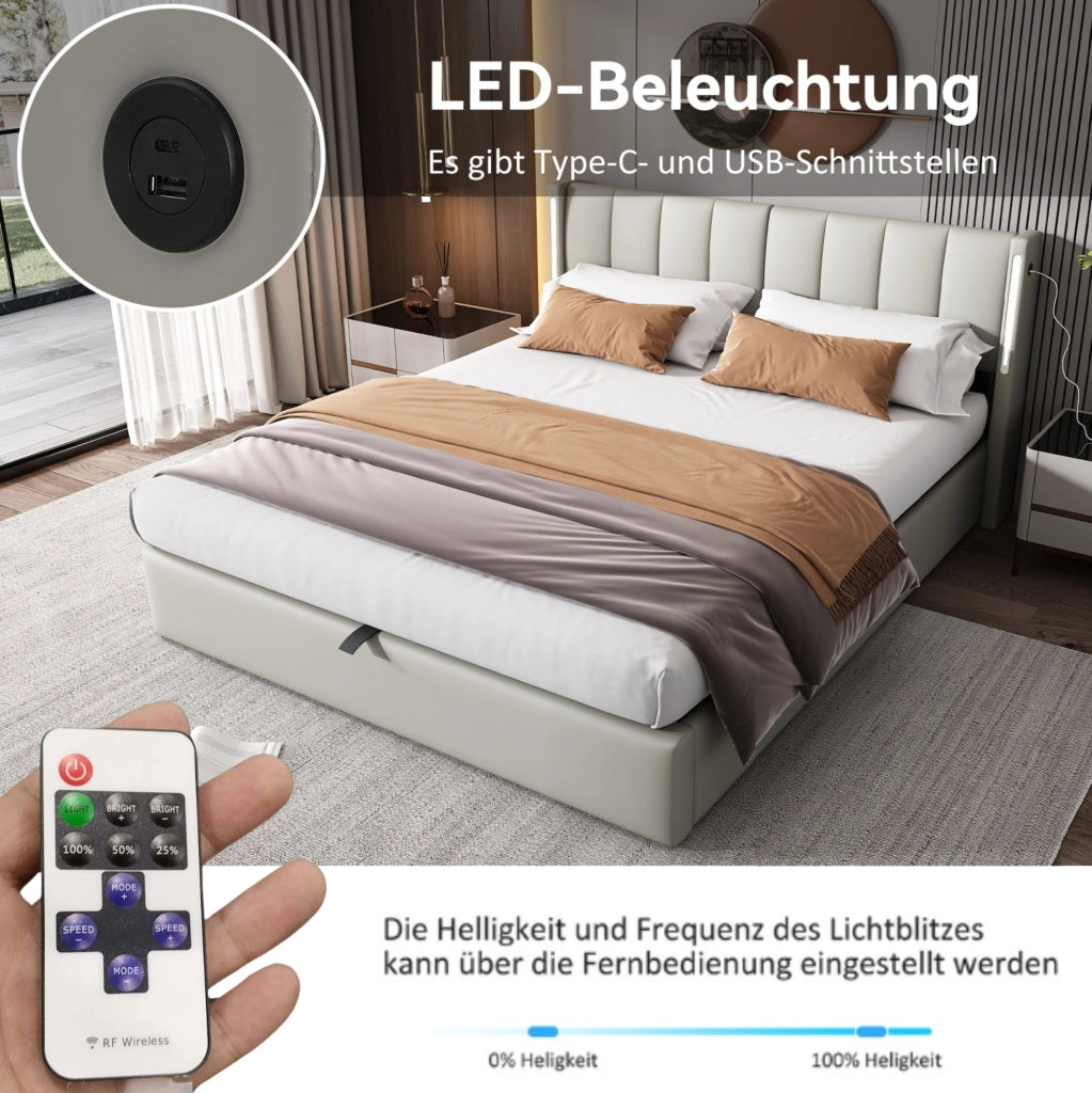 Letto imbottito 140x200 cm in PU grigio con LED e USB