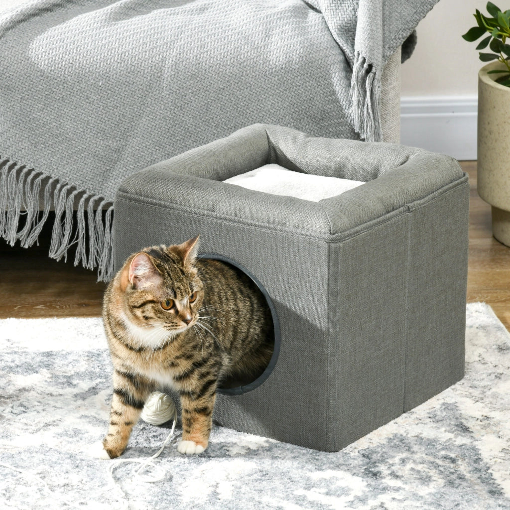 Casetta per Gatti a 2 Livelli ¨C zephmum ¨C Legno, Poliestere, Plastica, Verde, 36.5x36.5x33 cm