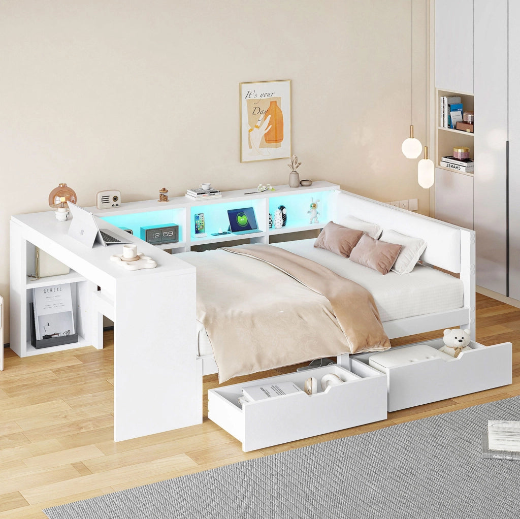 Letto 140x200 cm con contenitore; presa USB e LED in MDF; compensato; lino bianco