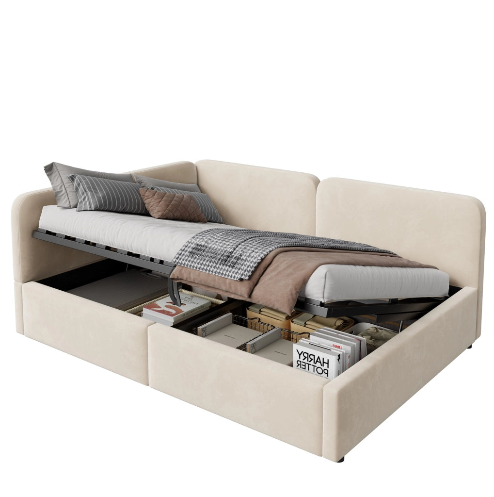 Divano letto imbottito 206x146x81 cm con contenitore idraulico; testiera reversibile in tessuto beige